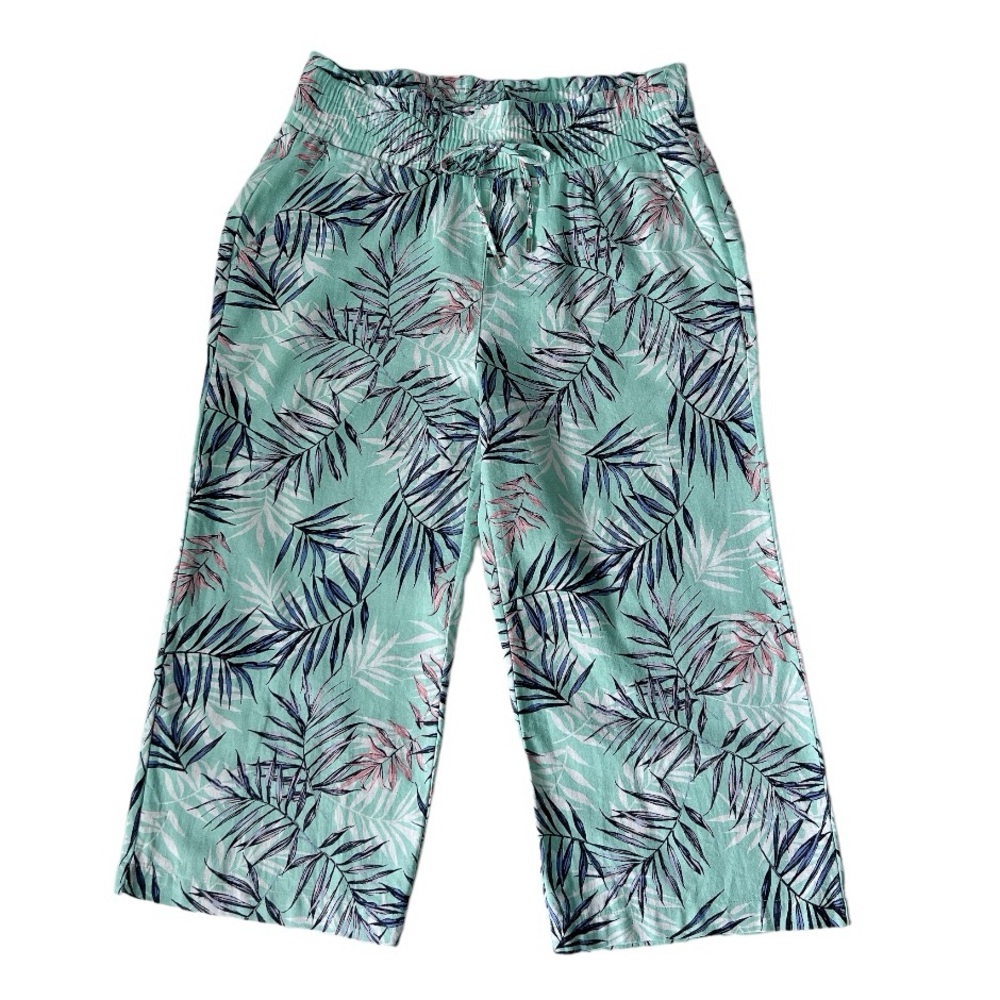 Land N Sea Womens Leaf Print Linen Blend Wide Leg Pull On Cropped Pants Size M